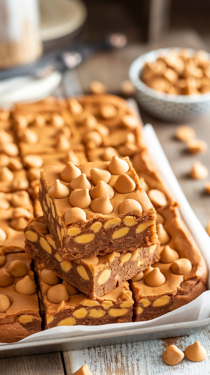 Delicious Chewy Butterscotch Brownies on a tray, sprinkled with butterscotch chips.